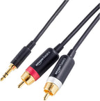 Amazon Basics 3.5mm Aux to 2 RCA Audio Cable Adapter for Amplifiers, Active Speakers, Gold-Plated Connectors, Clear Sound Quality, Shielded Construction, 8 Feet/2.4 m, Black