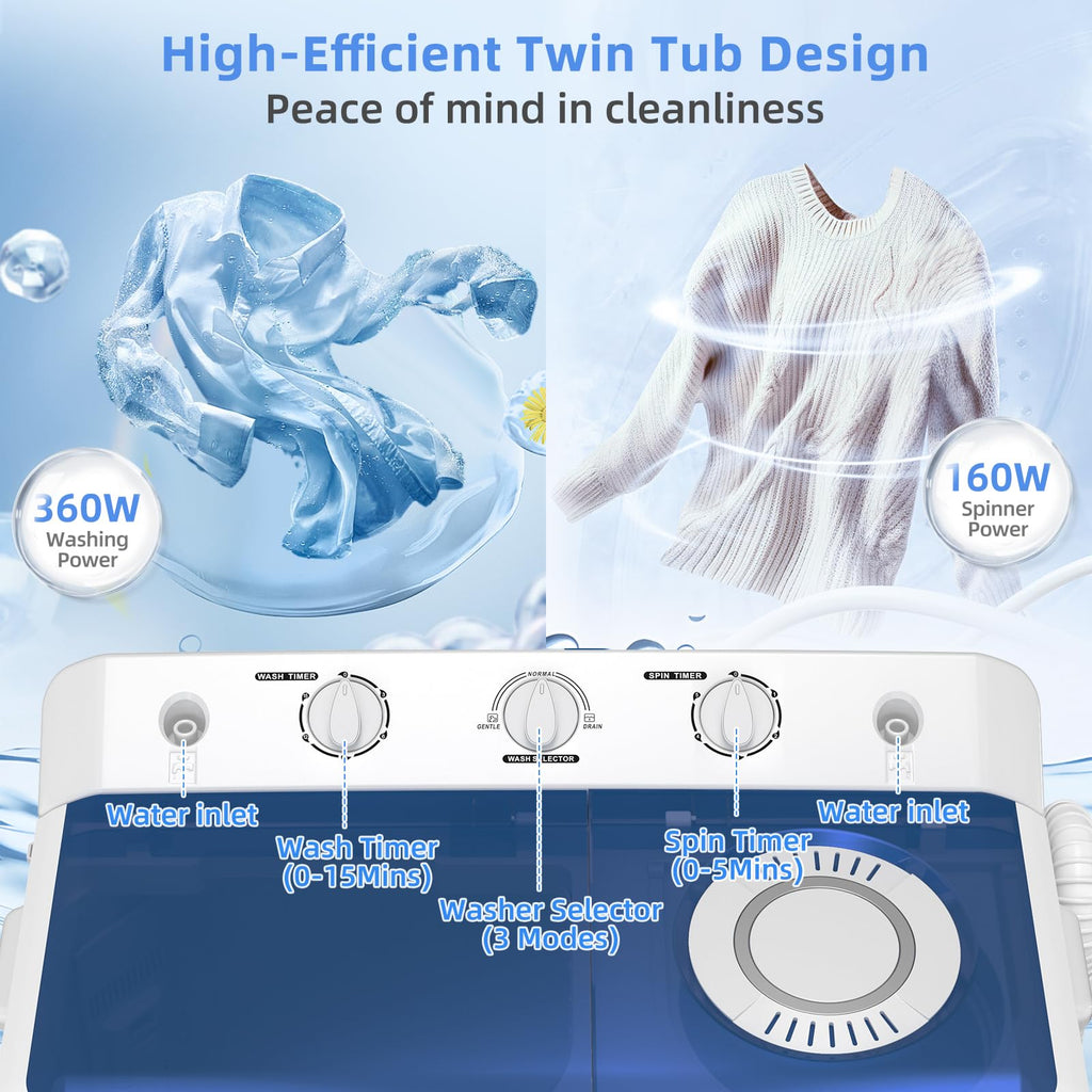 VCJ Portable Washing Machine, Twin Tub Washing Machine Laundry Compact Washer spinner Combo with 40lbs capacity, 24Lbs Washer and 16Lbs Spinner dryer for Apartments RVs and Dorms