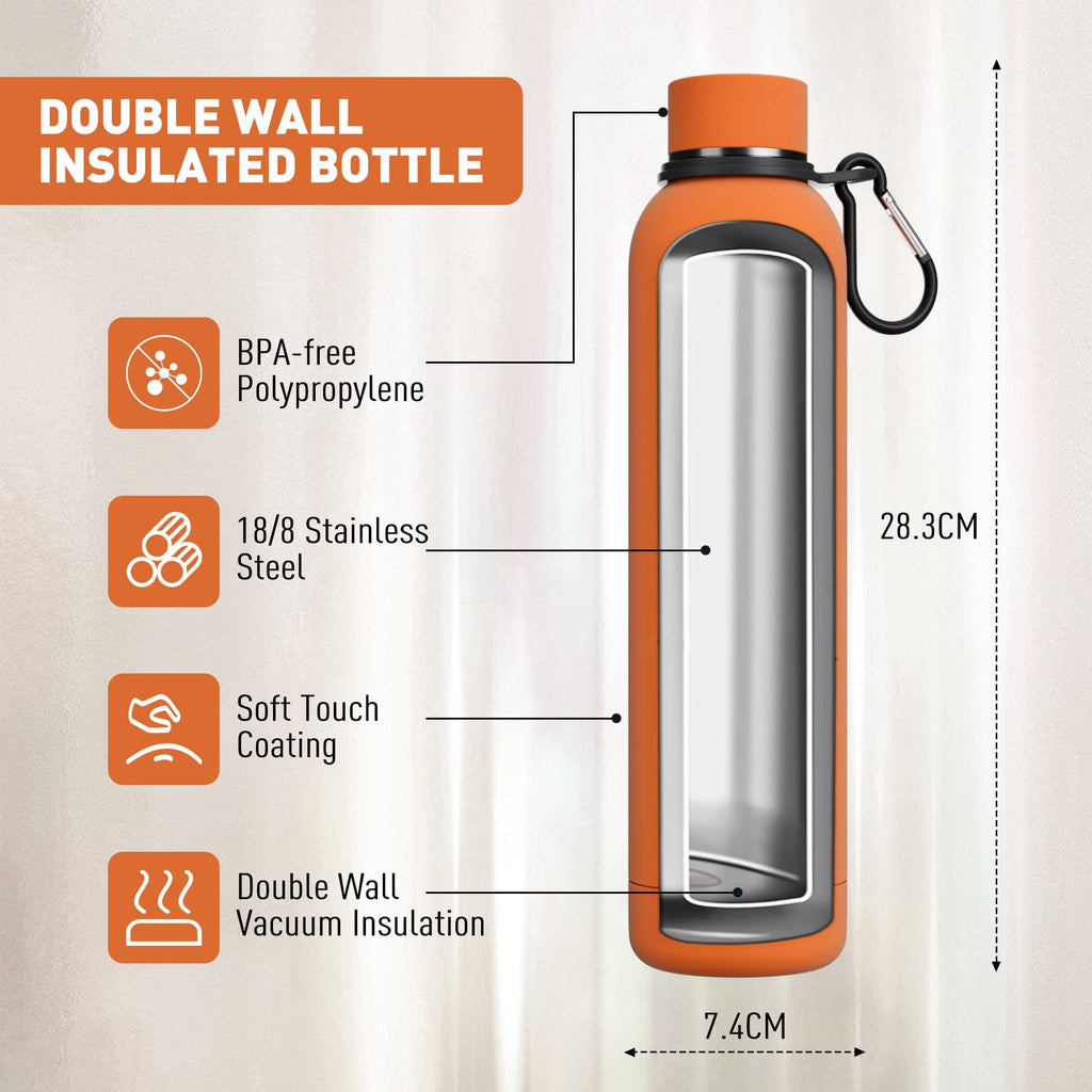 Exllena Insulated Black Water Bottles 750ml with Clip, Double Wall Vacuum Drinks Bottle Keeps Drinks Cold 24 Hrs/Hot 12 Hrs, Stainless Steel Water Bottle BPA Free