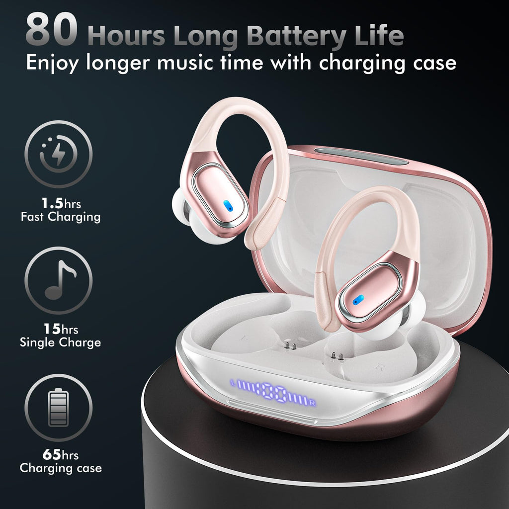 HAOYUYAN Wireless Earbuds, Sports Bluetooth Headphones, 80Hrs Playtime Ear Buds with LED Power Display, Noise Canceling Headset, IPX7 Waterproof Earphones for Workout/Running (Camel)