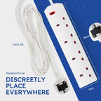 DESIRETECH White Electric Extension Lead - 6 Gang, 1 Metre Cable with UK Plug & 3 Pin Socket - Wall Mountable & Multi Socket Mains Strip for Home, Bedroom, Kitchen, & Office (1 Pack)