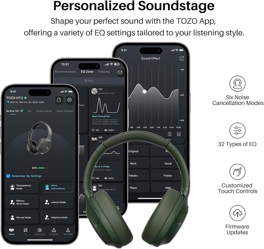 TOZO HT3 Hybrid Noise Cancelling Wireless Headphones, 90H Over Ear Headset