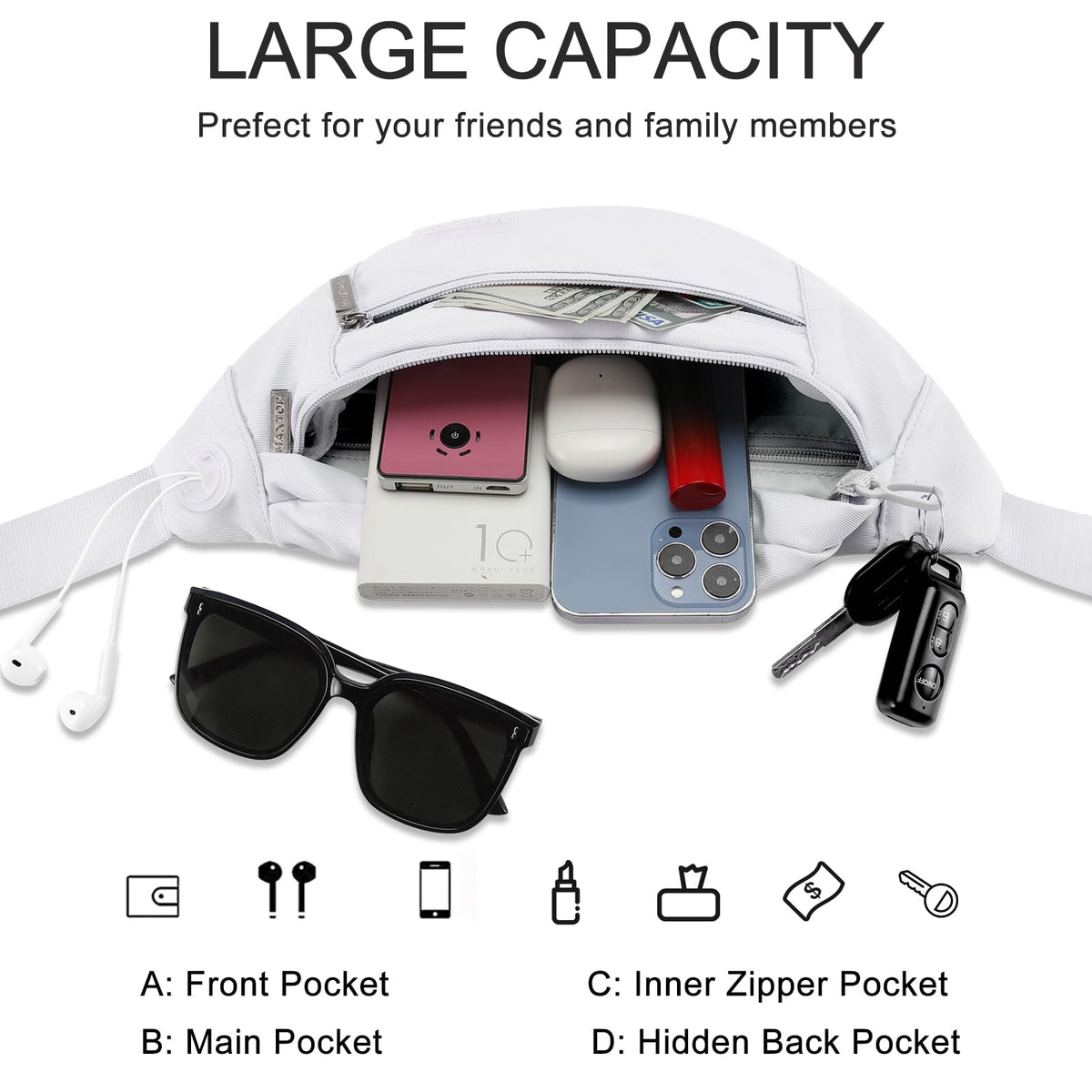MAXTOP Large Bumbag Waist Fanny Pack Running Belt for Men Women Unisex Bum Bag with Headphone Jack and 4-Zipper Pockets Adjustable Belt for Travel Running Jogging Workout Hiking Gifts All Black