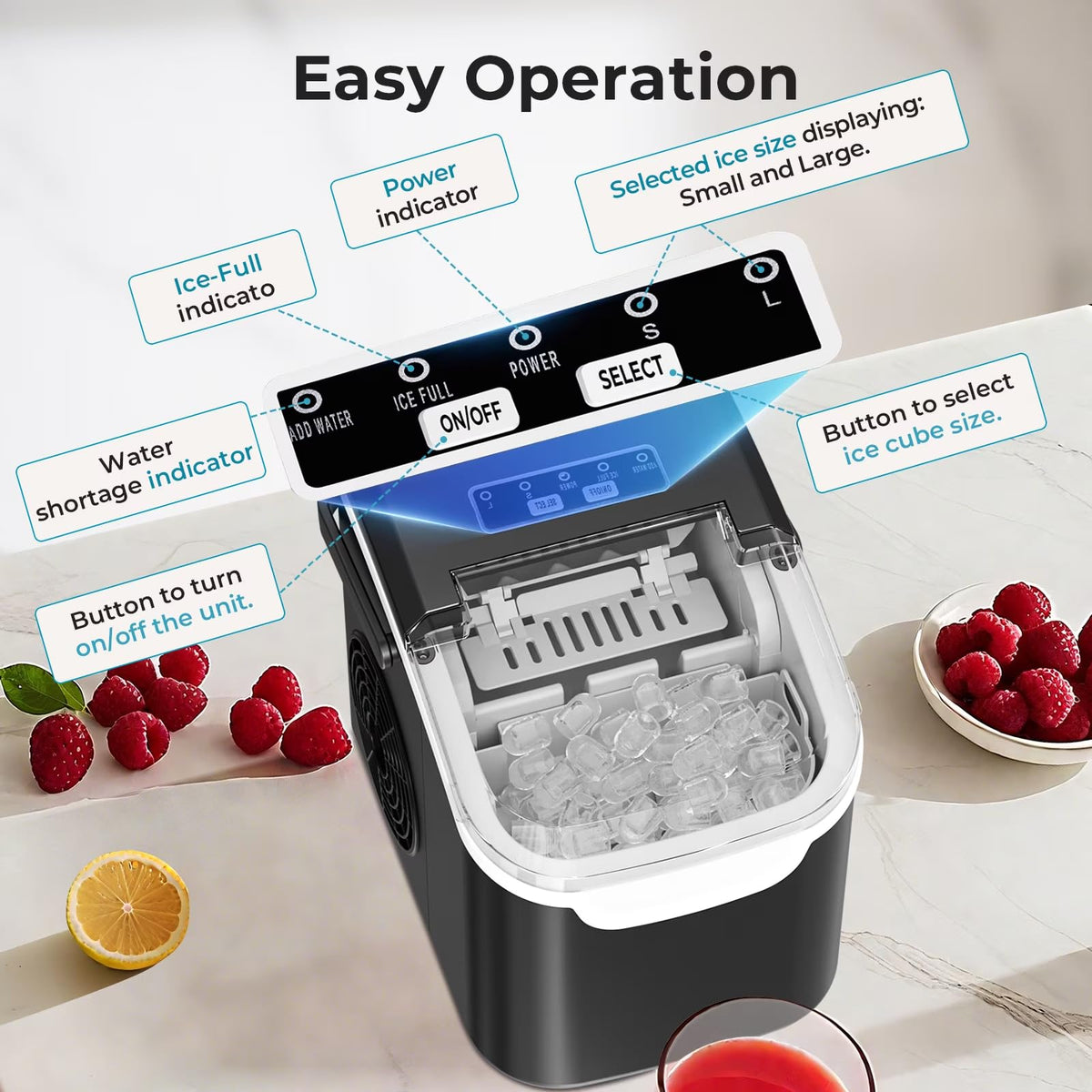 Electactic Portable Ice Maker Countertop,8 Bullet Ice in 6 Mins,2 Ice Size