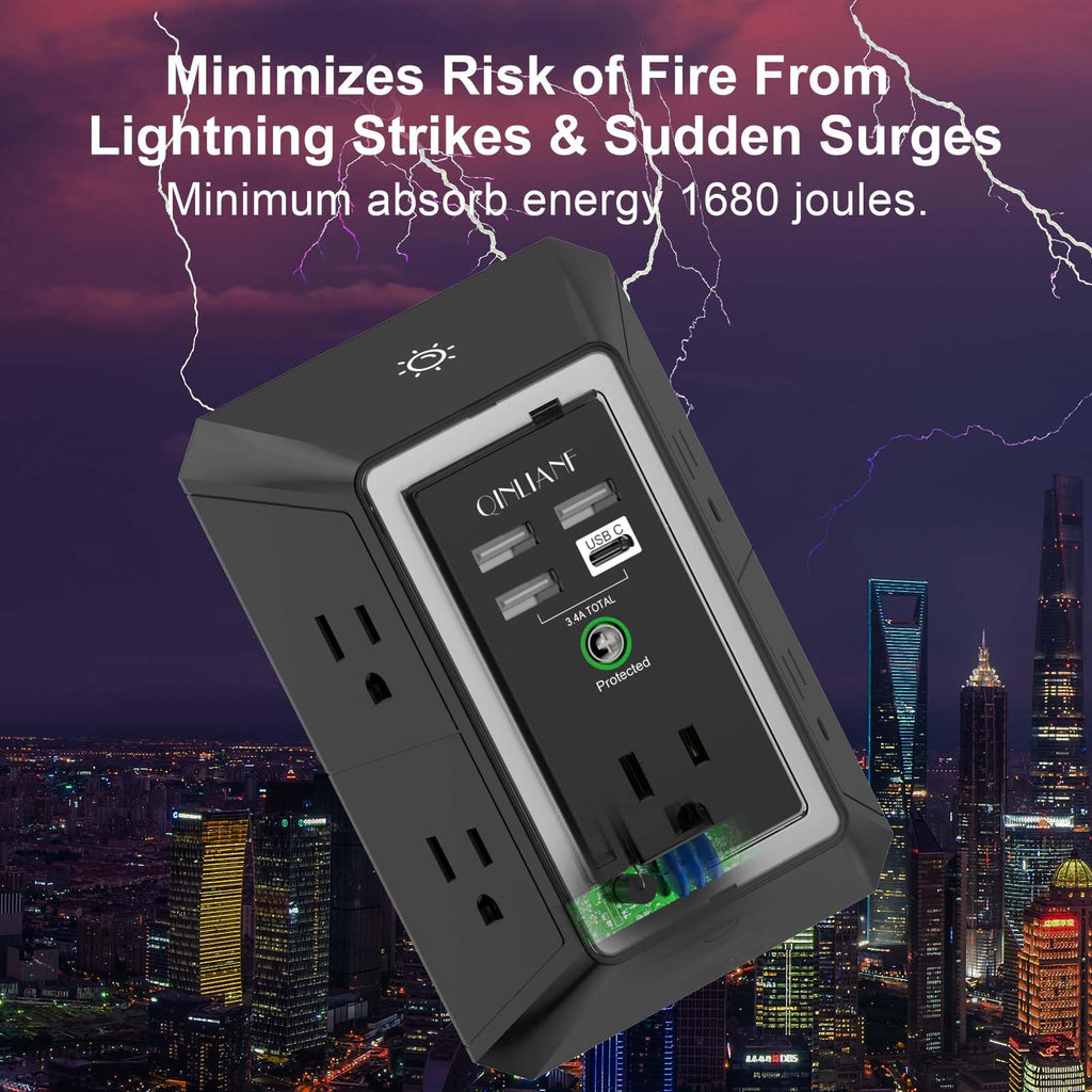 Surge Protector, QINLIANF 5 Outlet Extender with 4 USB Ports(2USB-C)