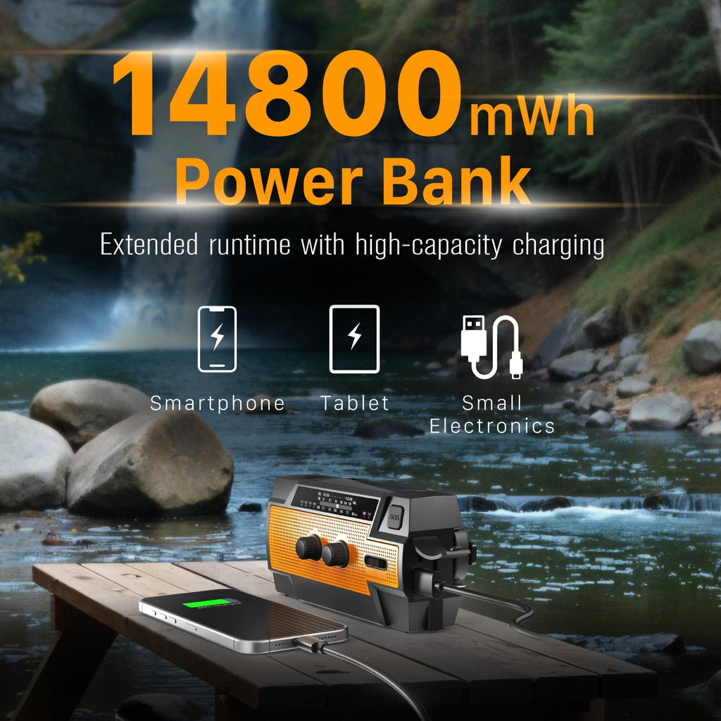 FosPower NOAA Emergency Weather Radio A1 7400mWh Solar Hand Crank (Orange)
