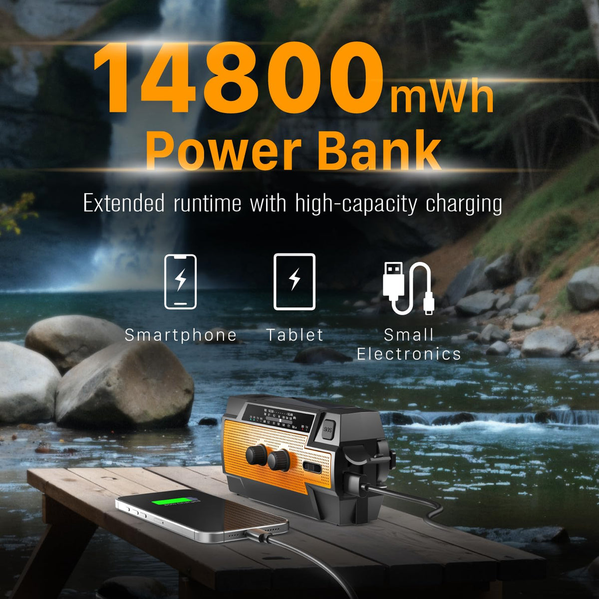 FosPower NOAA Emergency Weather Radio A1 7400mWh Solar Hand Crank (Orange)