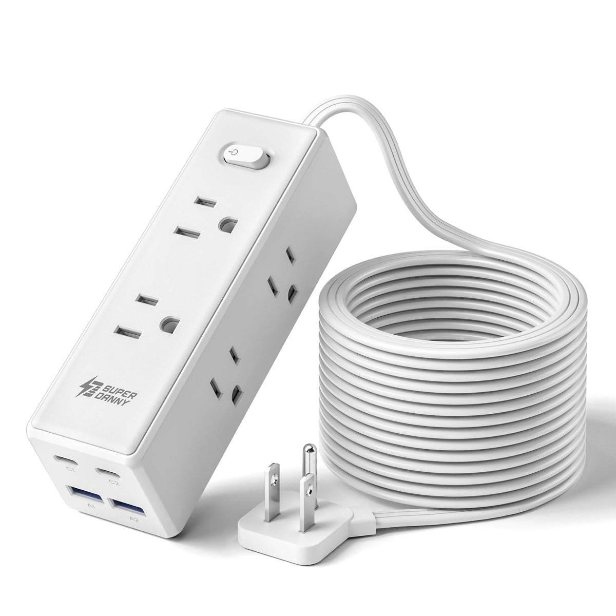SUPERDANNY 15Ft Extension Cord with Multiple Outlets, Flat Plug Power Strip