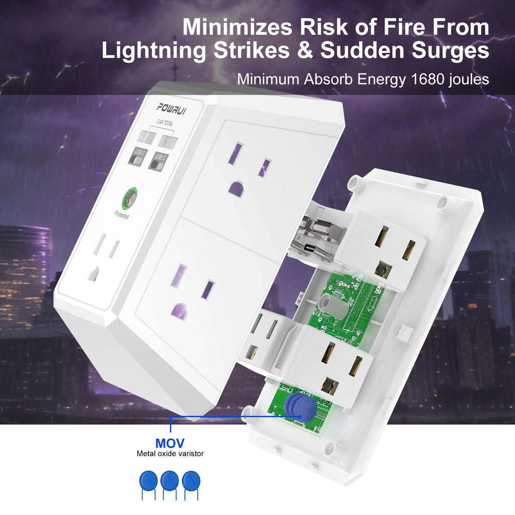 Multi Plug Wall Outlet Night Light, POWRUI 6 Outlet Extender & 3 USB Ports