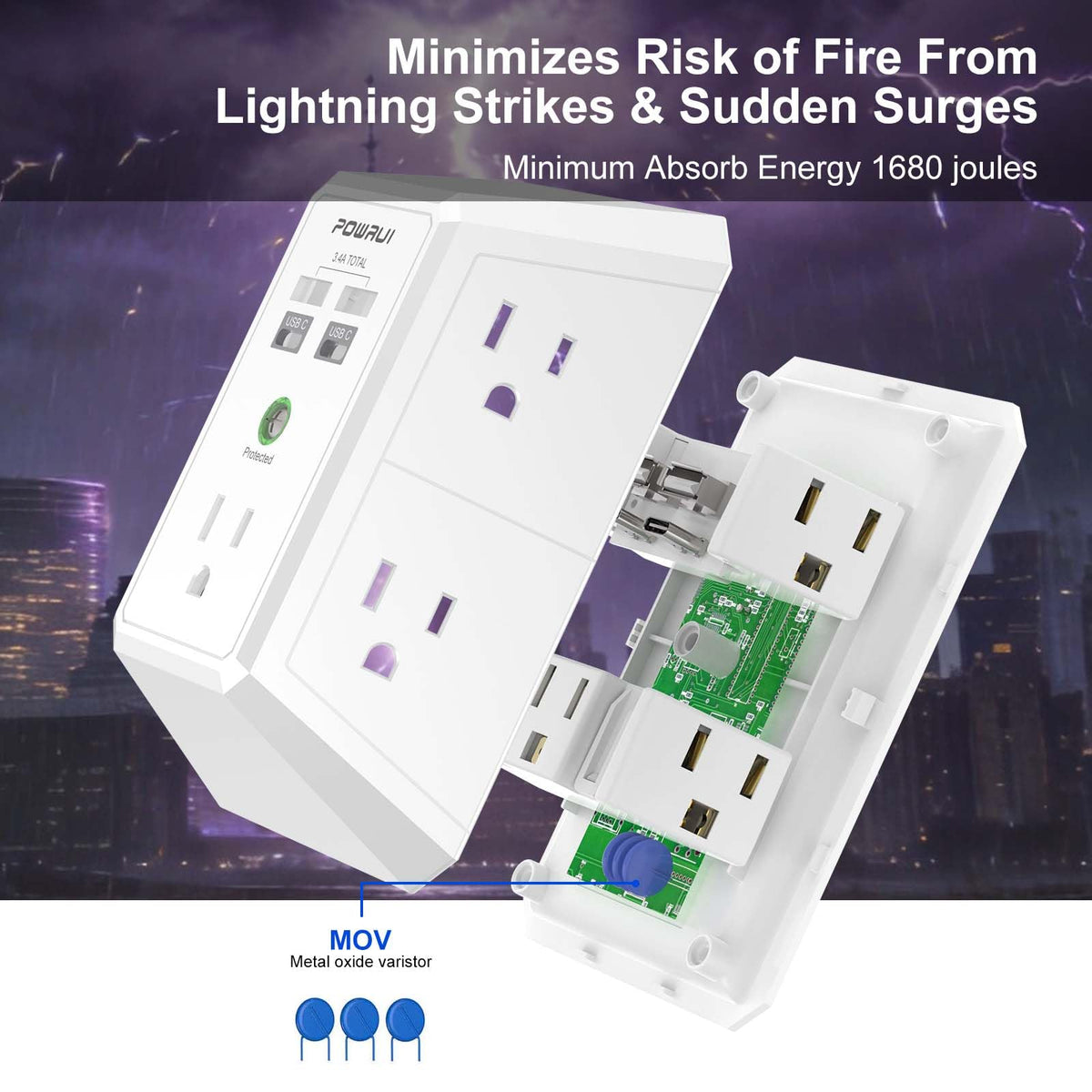 Multi Plug Wall Outlet Night Light, POWRUI 6 Outlet Extender & 3 USB Ports