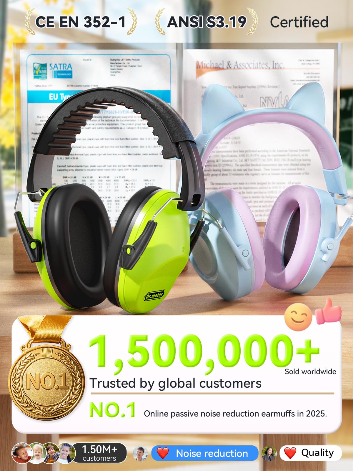 Dr.meter Ear Defenders Children SNR 27.4dB for Autism, Sensory Needs