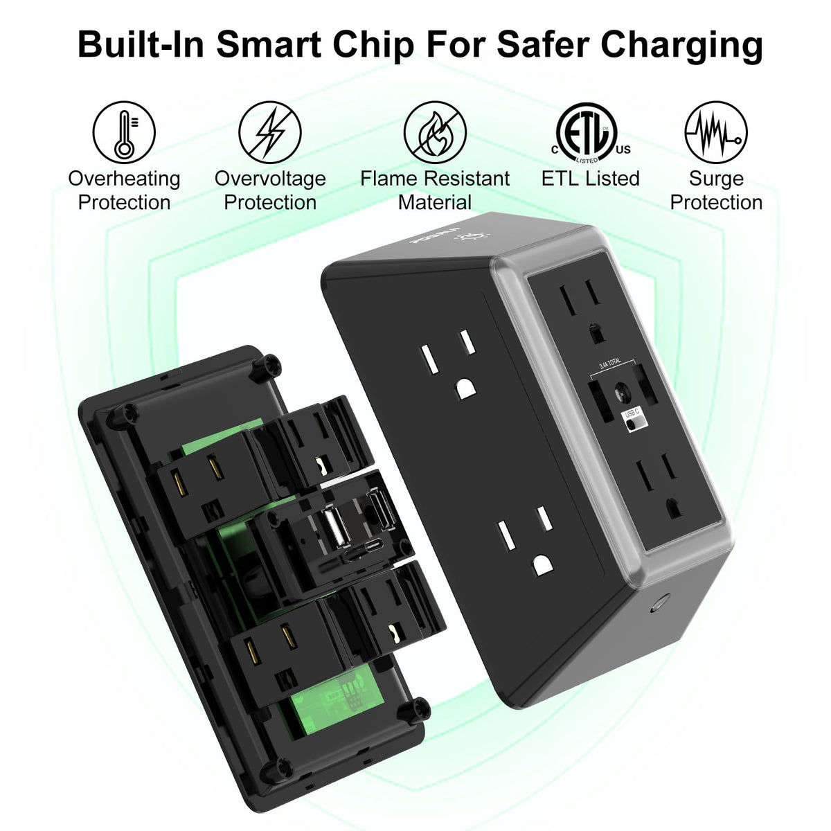 Multi Plug Wall Outlet Night Light, POWRUI 6 Outlet Extender & 3 USB Ports