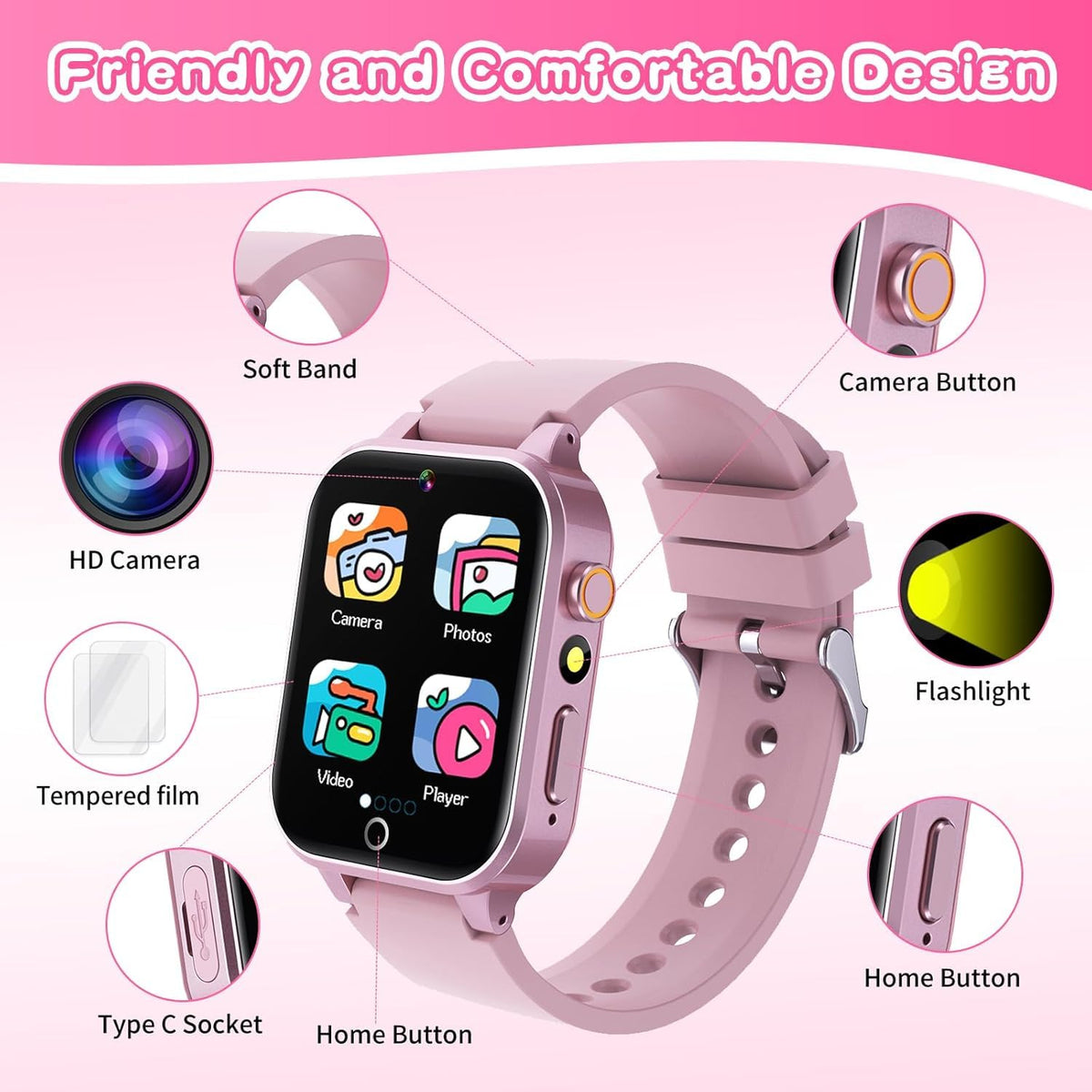 Kids Smart Watches Girls Age 5-12, 26 Games High-Resolution Touchscreen Kids Watch with Video Camera Music Player Pedometer Flashlight 12/24 hr Educational Toys Birthday Gifts for Girls Ages 6 7 8