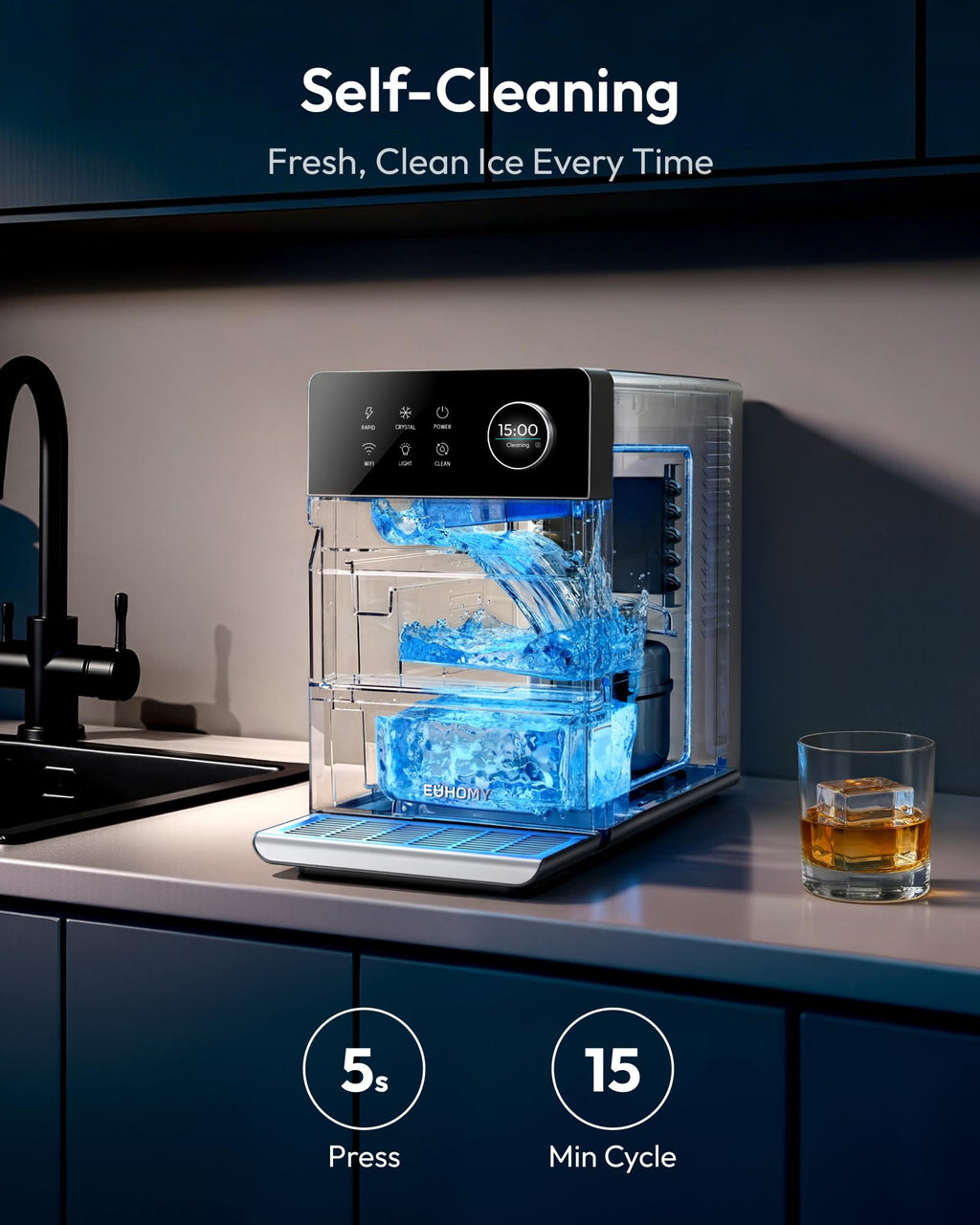 EUHOMY 2.4" Ice Ball Maker Countertop, 3Pcs Ready in 40Mins, 108Pcs/Day, Self-Cleaning Sphere Ice Maker Machine with Crystal Clear Ice, Round Ice Cube Maker for Whiskey & Bourbon