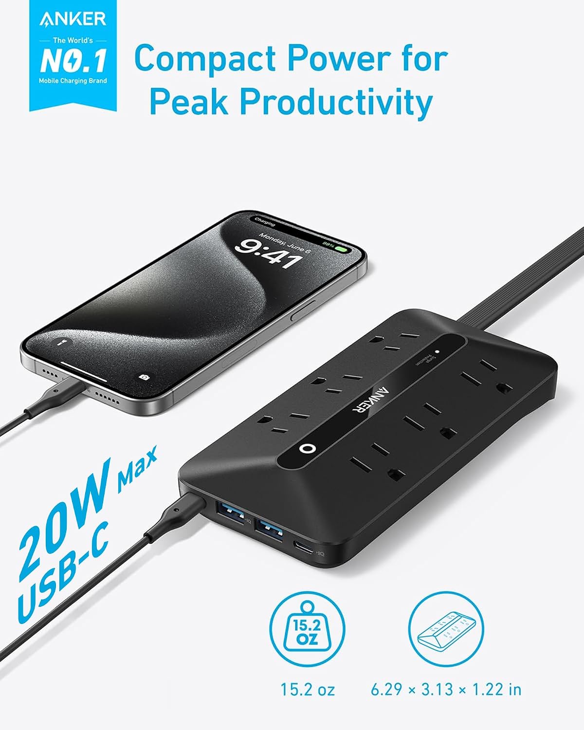 Anker Power Strip with 300J Surge Protector, 5ft Outlet Extender, 20W, 6AC