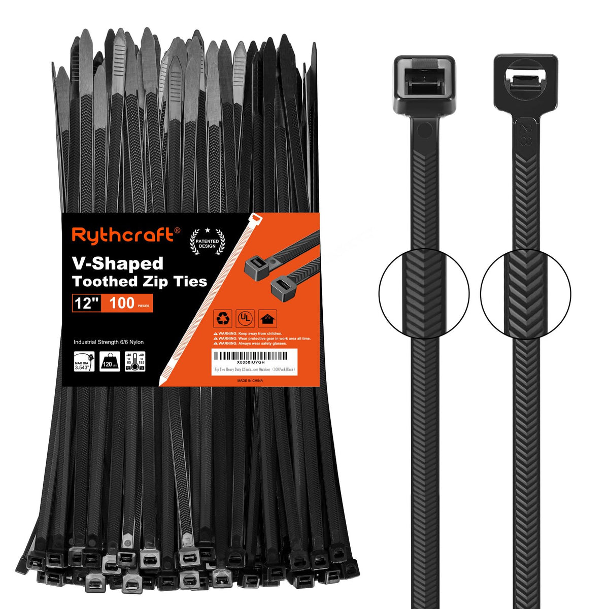 Rythcraft 12" Cable Zip Ties Heavy Duty, 200 LBS Test Tilted Tooth, 80 Pack