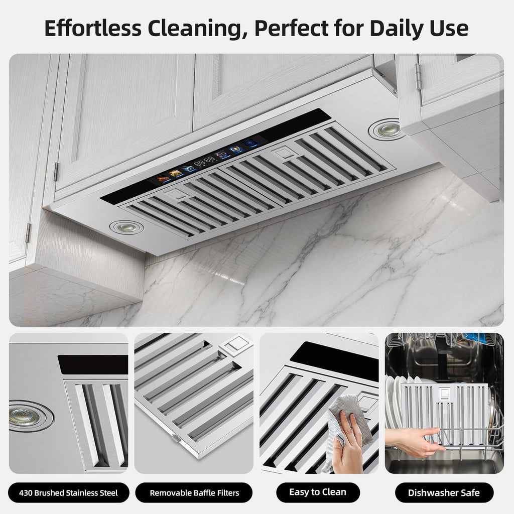 Range Hood Insert 30 inch,Stainless Steel Kitchen Vent Hood 600CFM,Built-in Kitchen Stove Hood w/Front Button Controls and Front LED Lights,Baffle Filters,Ducted/ductless Convertible Duct