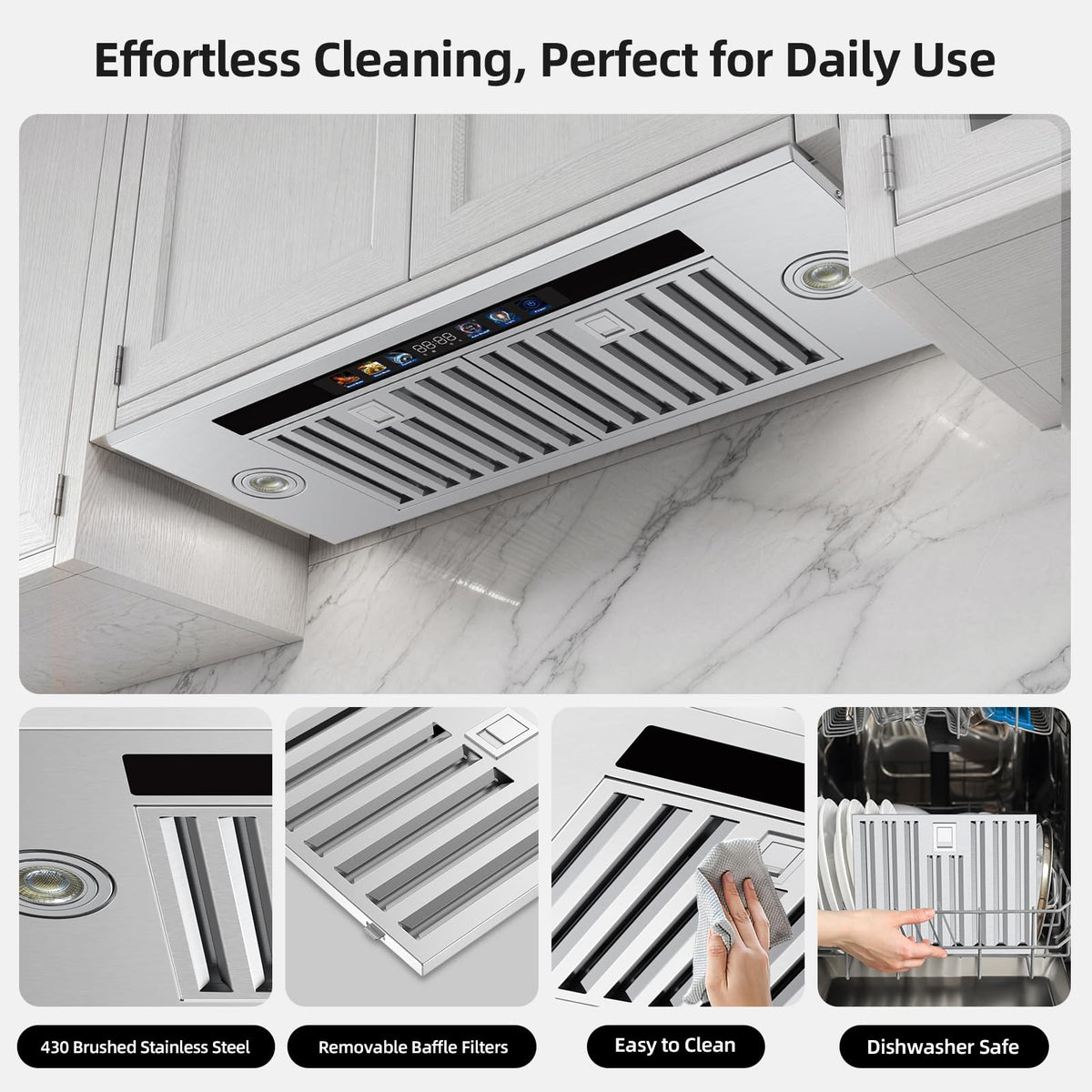 Range Hood Insert 30 inch,Stainless Steel Kitchen Vent Hood 600CFM,Built-in Kitchen Stove Hood w/Front Button Controls and Front LED Lights,Baffle Filters,Ducted/ductless Convertible Duct