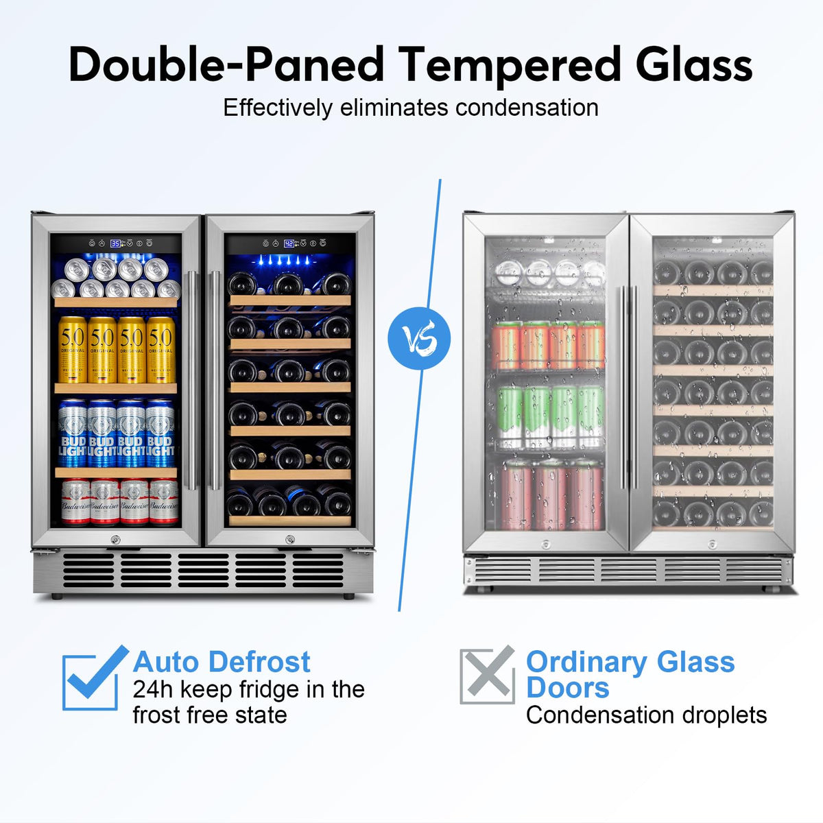 24" Dual Zone Wine and Beverage Refrigerator, Under Counter with Glass Door