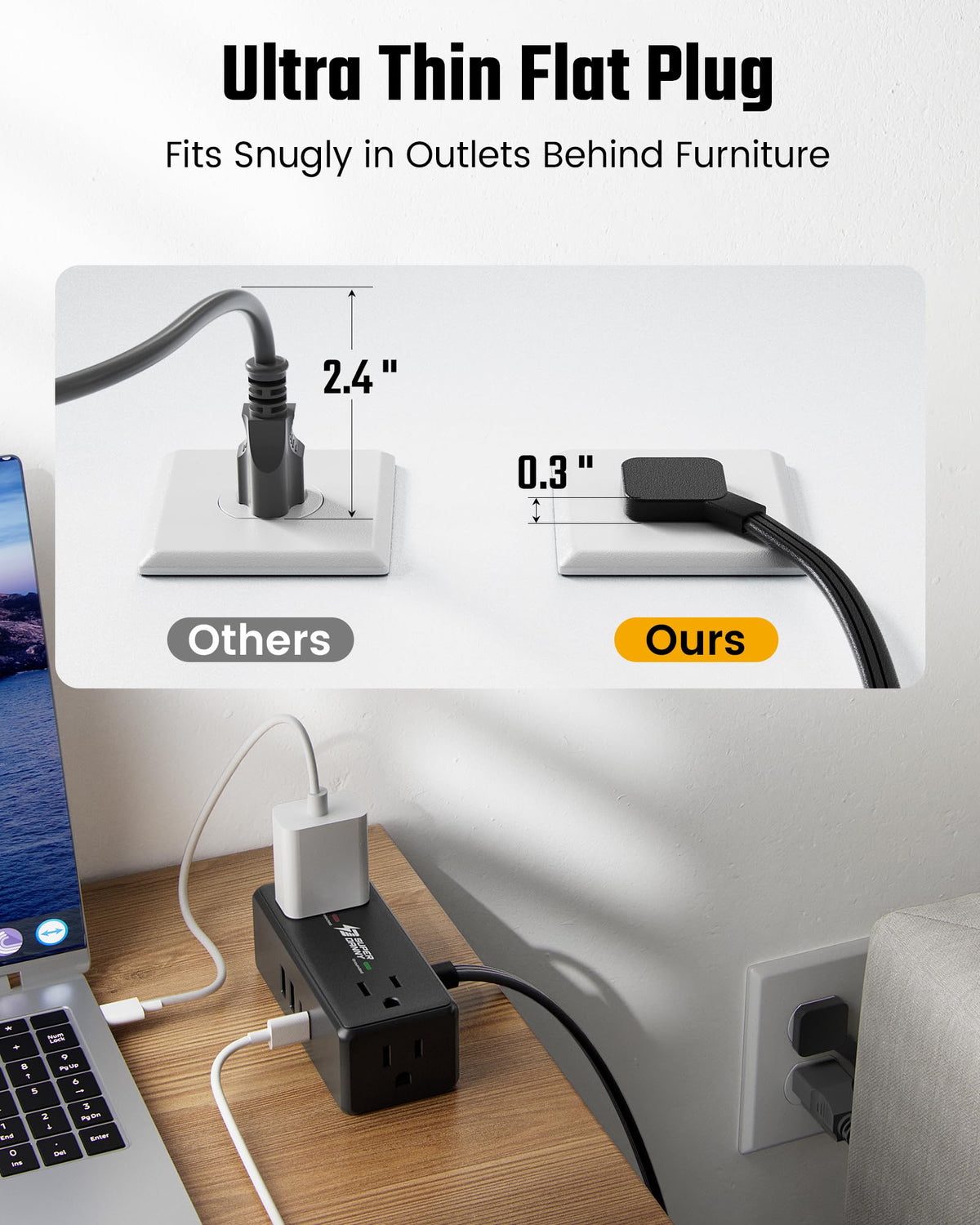 3Ft Short Extension Cord with Multiple Outlets, Surge Protector Power Strip