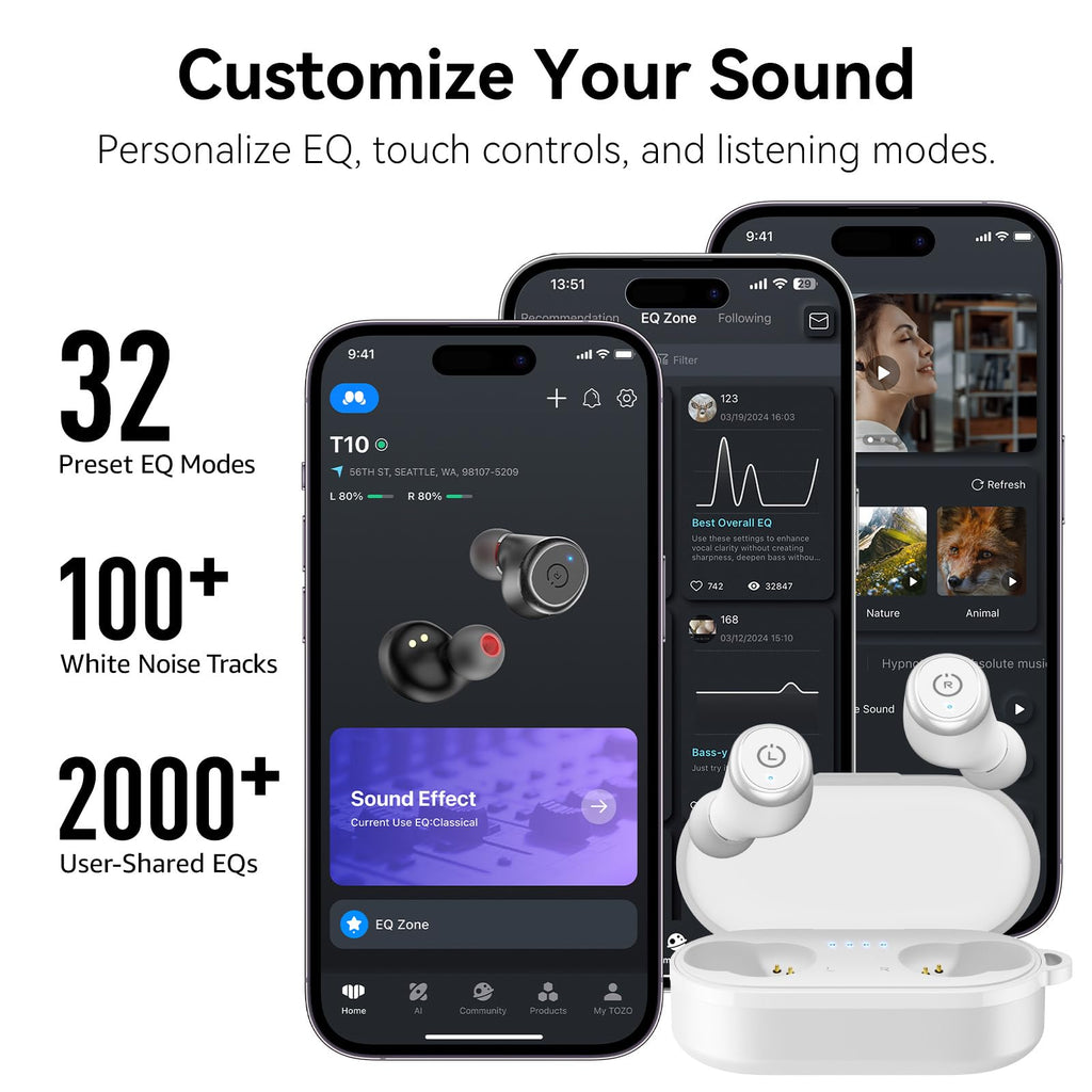 TOZO T10 Wireless Earbuds Powerful Bass Stereo Wireless Charging, APP, IPX8