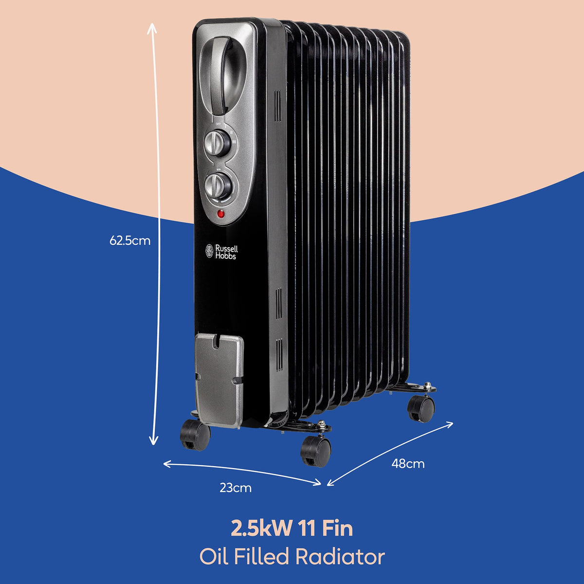 Russell Hobbs 2000W/2KW Oil Filled Radiator, 9 Fin Portable Electric Heater - White, Adjustable Thermostat with 3 Heat Settings, Safety Cut-off, 20 m sq Room Size, RHOFR5002, 2 Year Guarantee