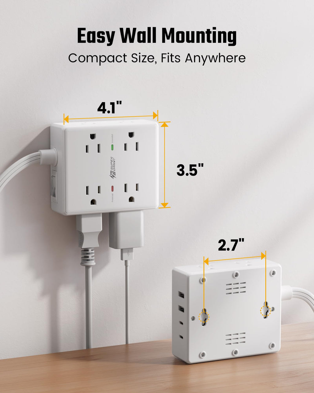 SUPERDANNY Extension Cord,Flat Plug Surge Protector Power Strip,6Ft
