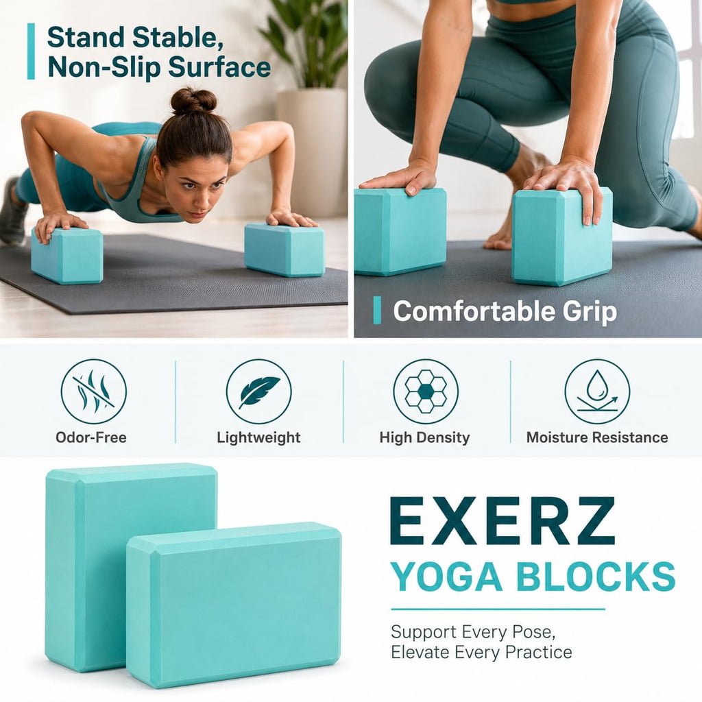 EXERZ Yoga Blocks 2pcs Gym Bricks -Comfortable Fitness Yoga Bricks, Anti-Slip, Lightweight and Travel Friendly Pilates Practice