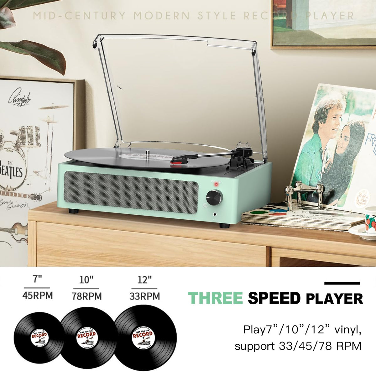 Seasonlife® Retro Vinyl Record Player with Stereo Speakers,Walnut Brown