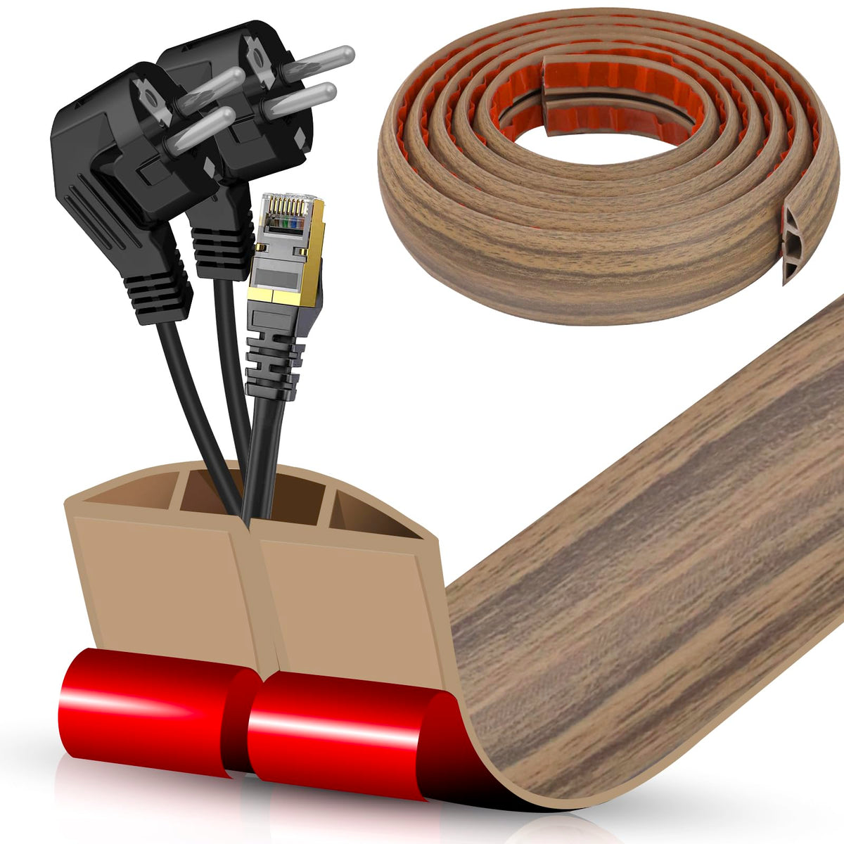 Floor Cord Cover Self Adhesive Cord Hider,3.3FT Cable Management, Extension Strip Protector for Wires, Prevent Cable Trips for Offices, Gyms, Exhibitions Cavity:0.3"(W) x 0.28"(H) Brown Wood