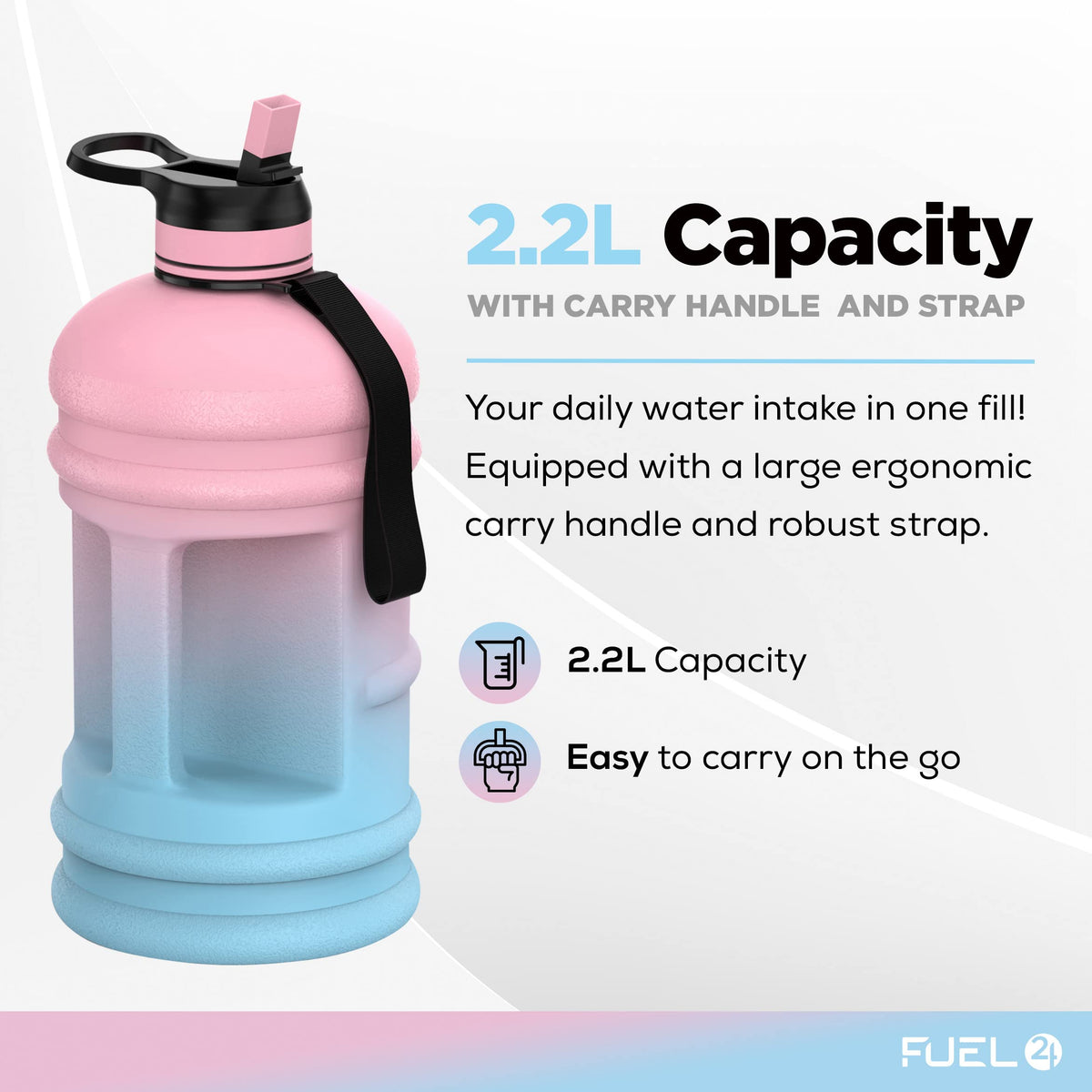 Fuel24 Jug - 2.2 Litre Water Bottle - Extra Strong Flex Material - Drop Proof, Pop or Straw Cap Options - 2.2L Large Gym Sports Bottle, BPA FREE