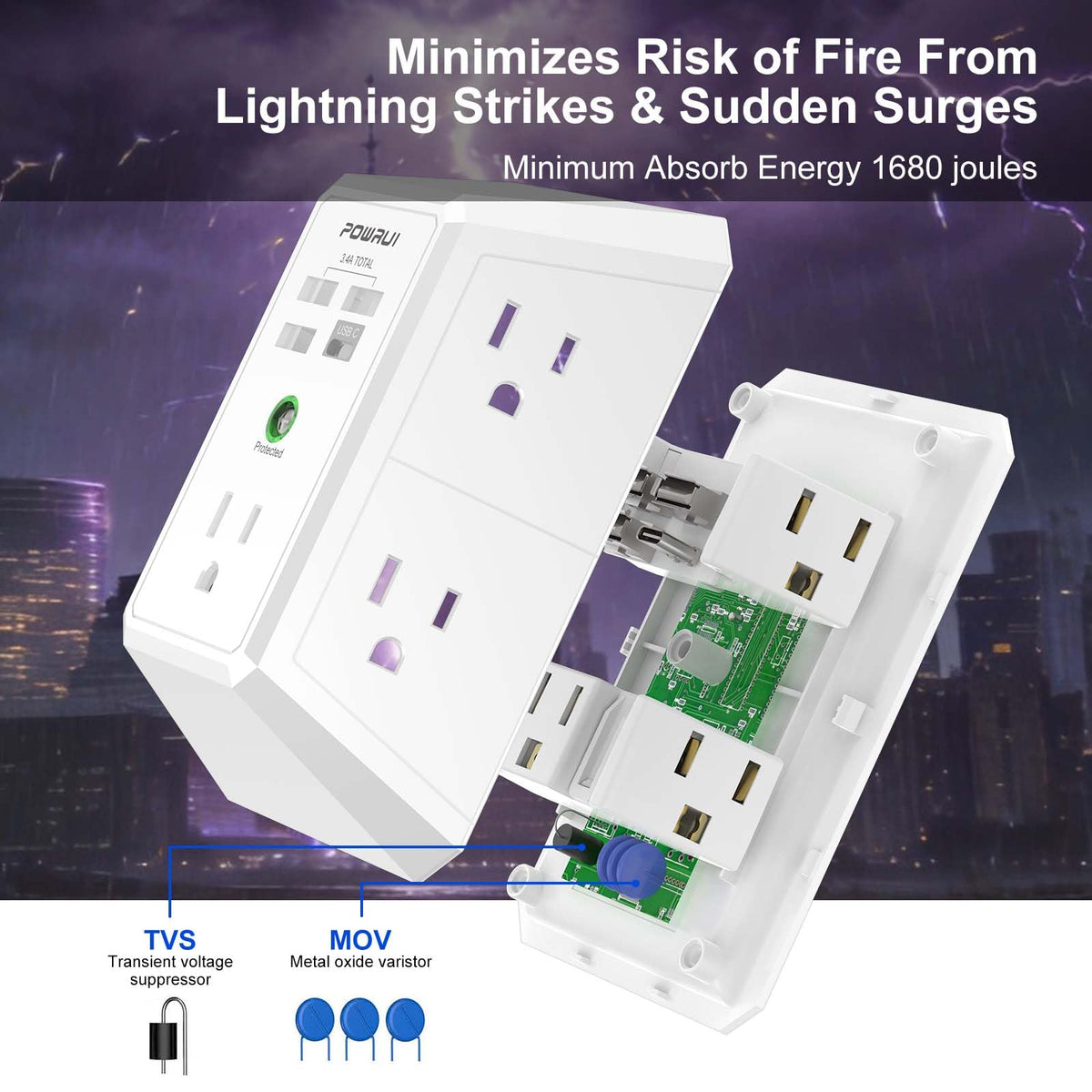 Multi Plug Wall Outlet Night Light, POWRUI 6 Outlet Extender & 3 USB Ports