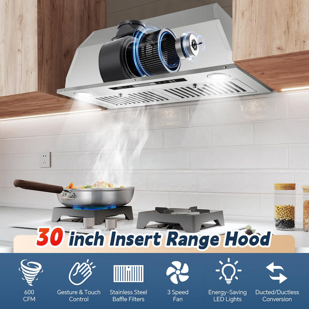 Range Hood Insert 30 inch,Stainless Steel Kitchen Vent Hood 600CFM,Built-in Kitchen Stove Hood w/Front Button Controls and Front LED Lights,Baffle Filters,Ducted/ductless Convertible Duct