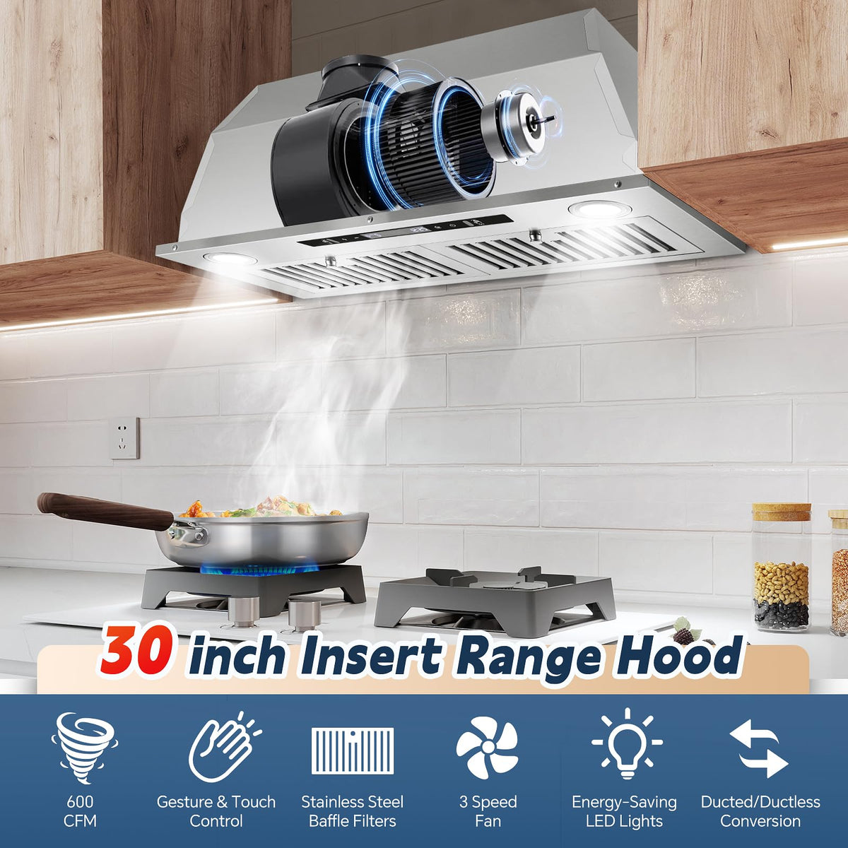 Range Hood Insert 30 inch,Stainless Steel Kitchen Vent Hood 600CFM,Built-in Kitchen Stove Hood w/Front Button Controls and Front LED Lights,Baffle Filters,Ducted/ductless Convertible Duct