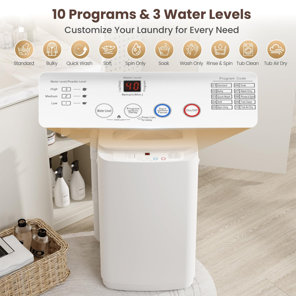 Auertech 18 lbs Portable Washing Machine, Fully Automatic Portable Washer with LED Display, 7 Wash Cycles, 4 Water Levels, Top Load Washing Machine for Apartment, RV, Dorm, Home