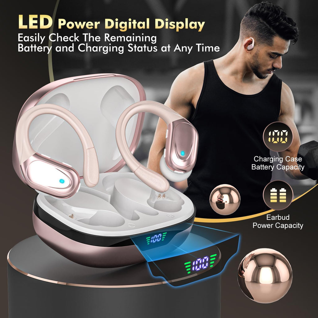HAOYUYAN Wireless Earbuds, Sports Bluetooth Headphones, 80Hrs Playtime Ear Buds with LED Power Display, Noise Canceling Headset, IPX7 Waterproof Earphones for Workout/Running (Camel)