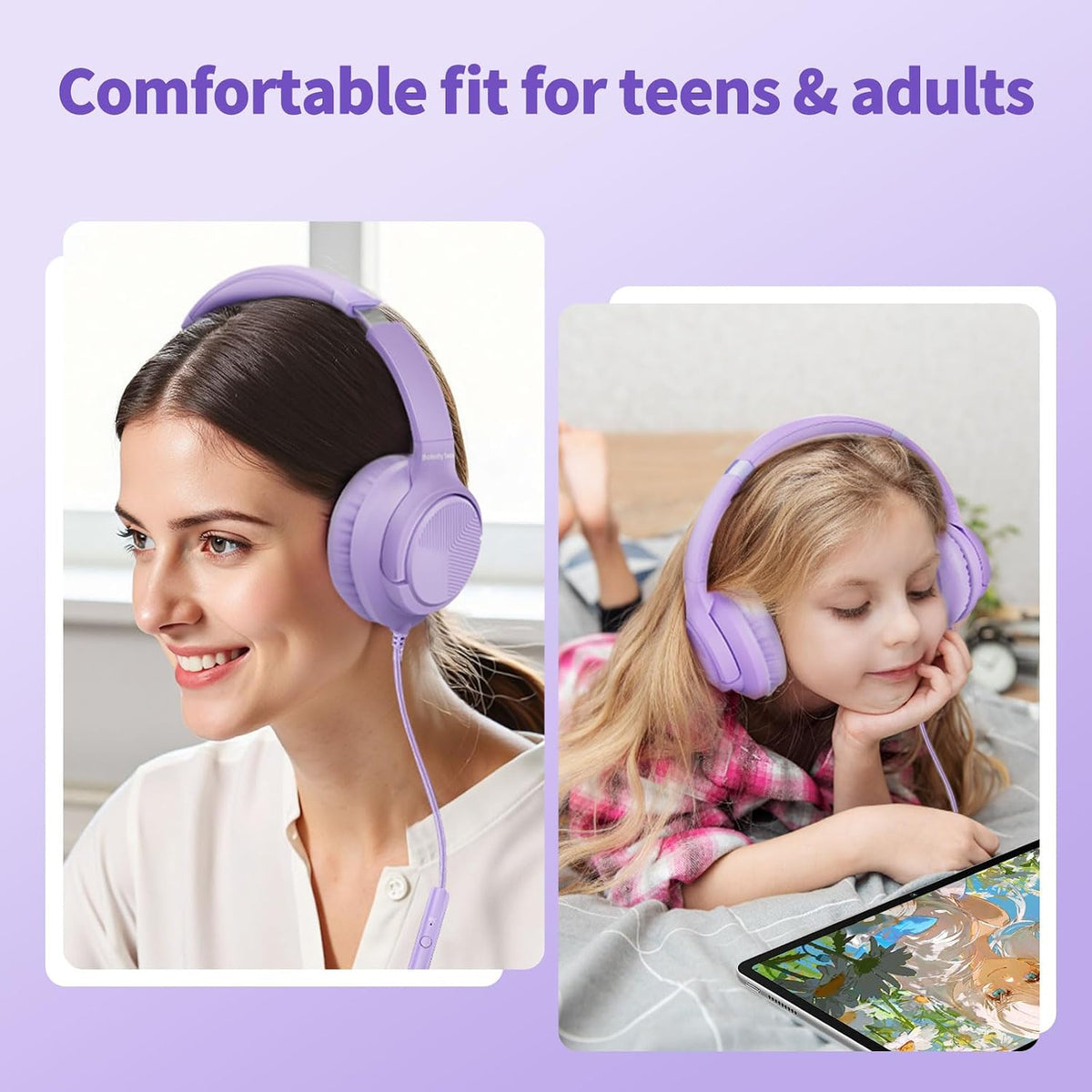 Botesty Sound Headphones Wired with Mic for School, 3.5mm Plug in, Purple