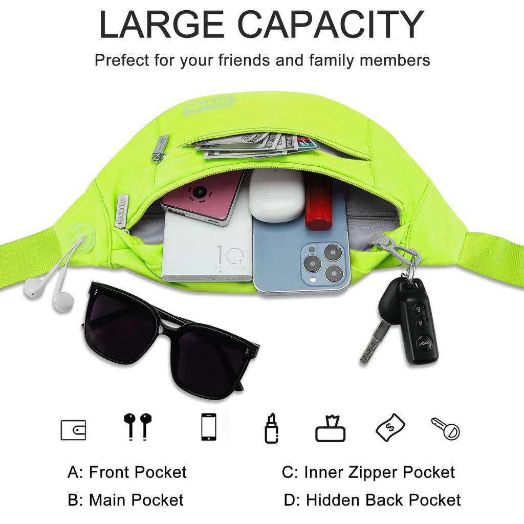 MAXTOP Large Bumbag Waist Fanny Pack Running Belt for Men Women Unisex Bum Bag with Headphone Jack and 4-Zipper Pockets Adjustable Belt for Travel Running Jogging Workout Hiking Gifts All Black