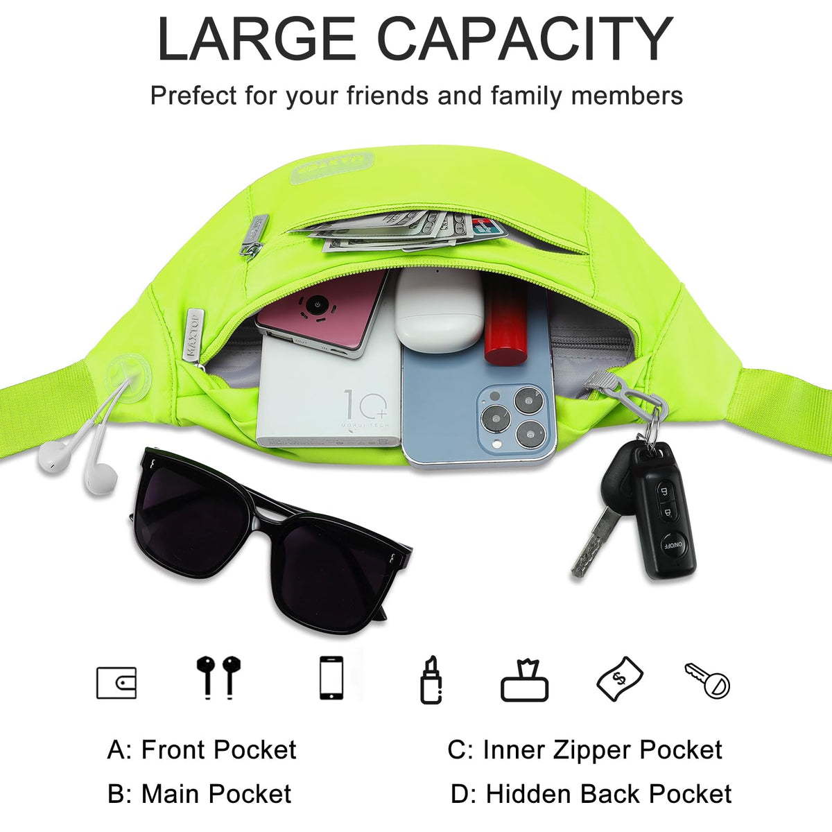 MAXTOP Large Bumbag Waist Fanny Pack Running Belt for Men Women Unisex Bum Bag with Headphone Jack and 4-Zipper Pockets Adjustable Belt for Travel Running Jogging Workout Hiking Gifts All Black