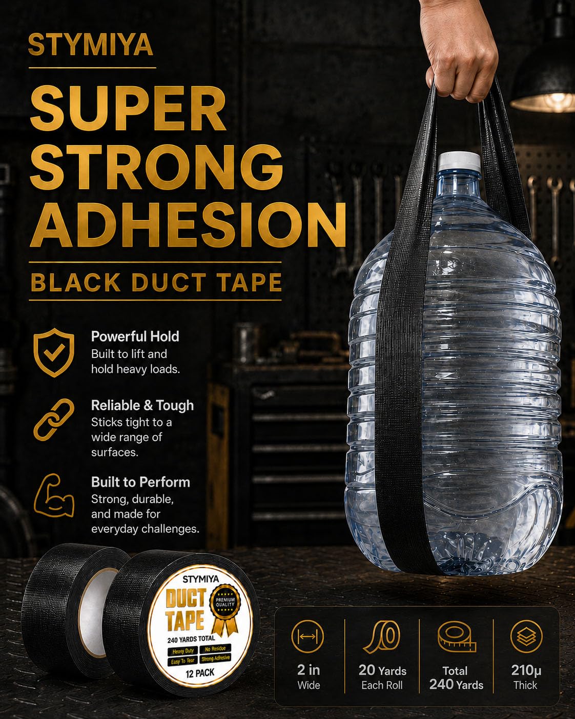 Black Duct Tape Heavy Duty: 3 Rolls 2inch x 20yd Wide Waterproof Outdoor - Strong Adhesive Weather Tapes Repair Bulk - Ductape for Patterns Masking Packing Furniture Kids Craft (3, Matte Black)