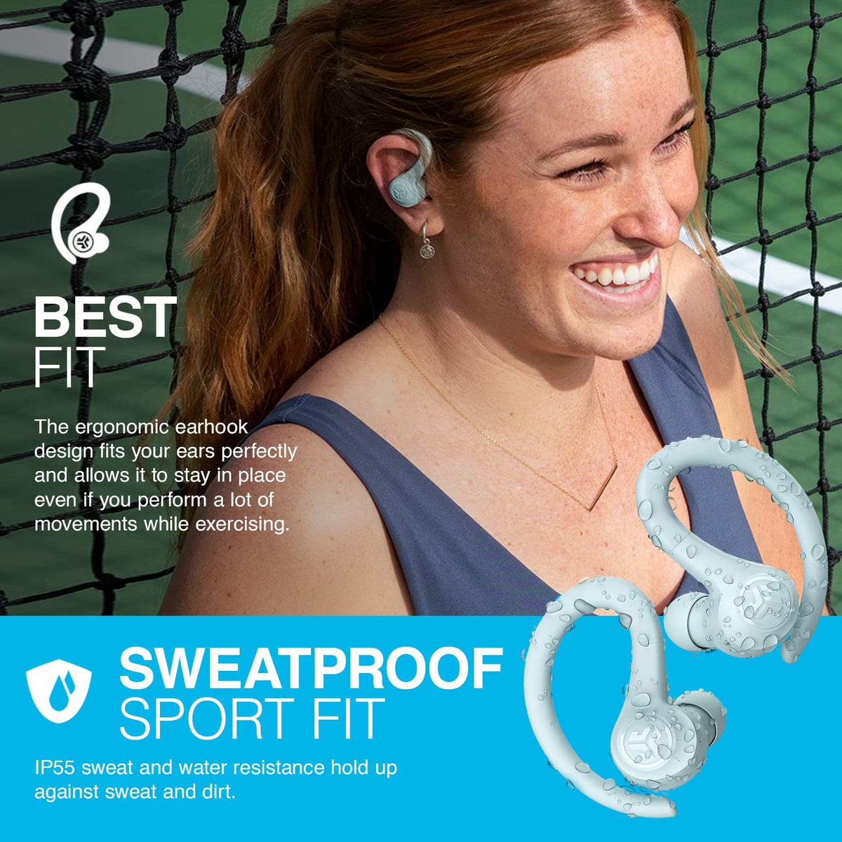 JLab, Go Sport+, True Wireless Workout Earbuds, Bluetooth Sport Earbuds, Clear Calling, Sand