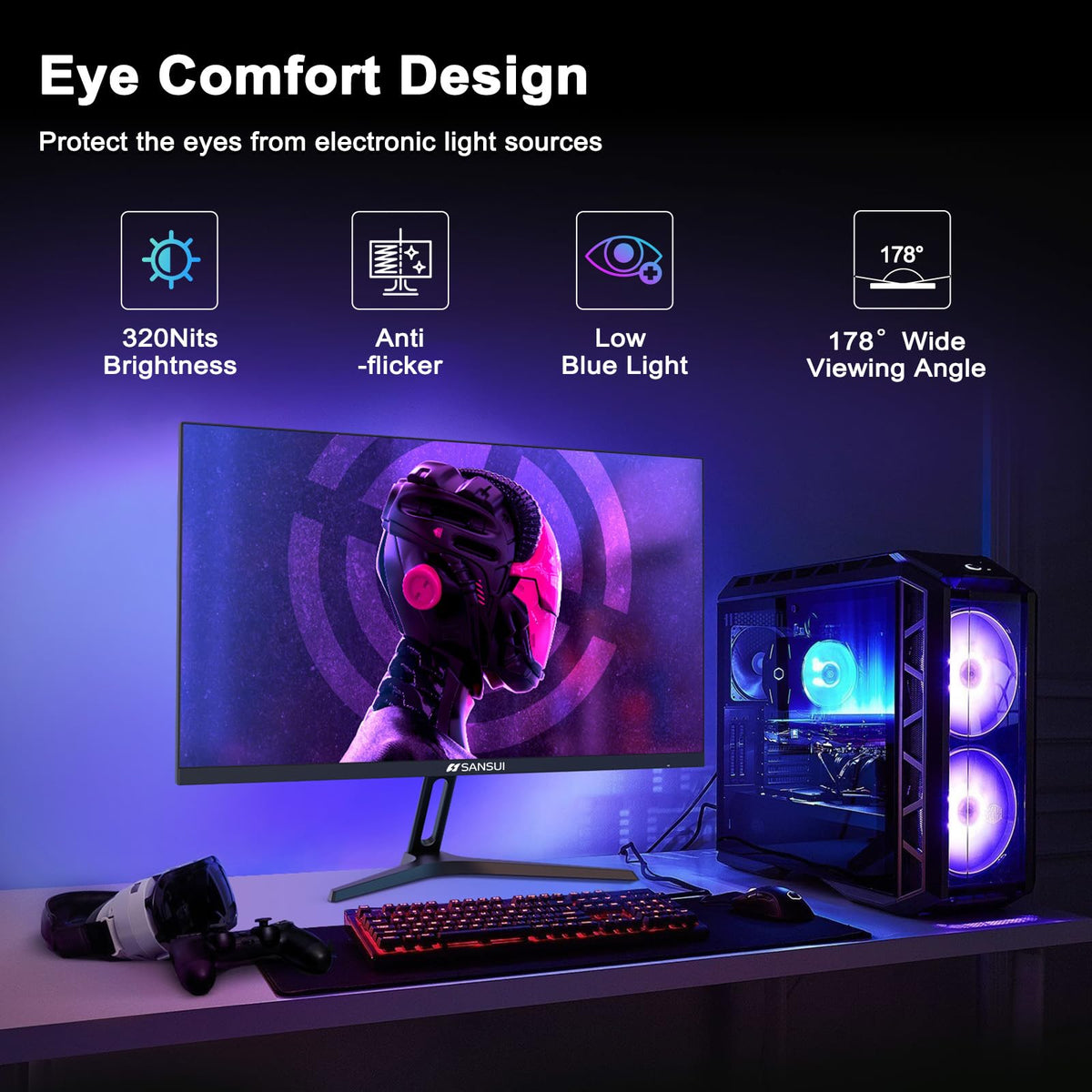 SANSUI 24 Inch Gaming Monitor 200Hz 1Ms FreeSync HDR 110% sRGB FHD 1080P Computer Monitor HDMI DP Ports Eye Care Frameless VESA Mount Cable Management(ES-G24F4L HDMI Cable Included)