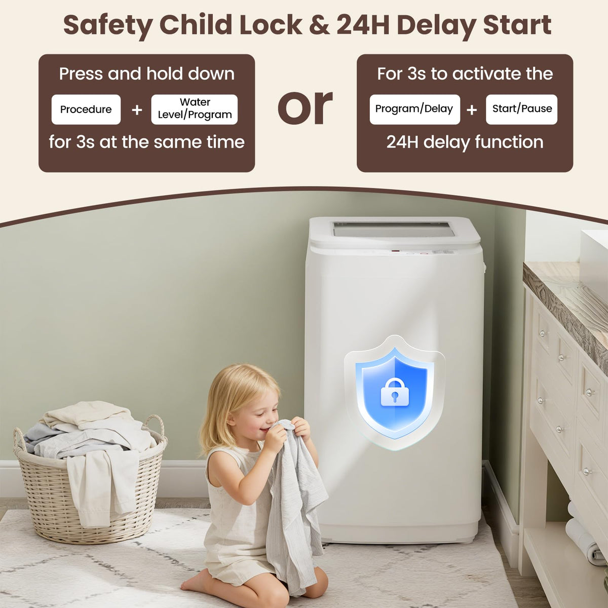 Auertech 18 lbs Portable Washing Machine, Fully Automatic Portable Washer with LED Display, 7 Wash Cycles, 4 Water Levels, Top Load Washing Machine for Apartment, RV, Dorm, Home