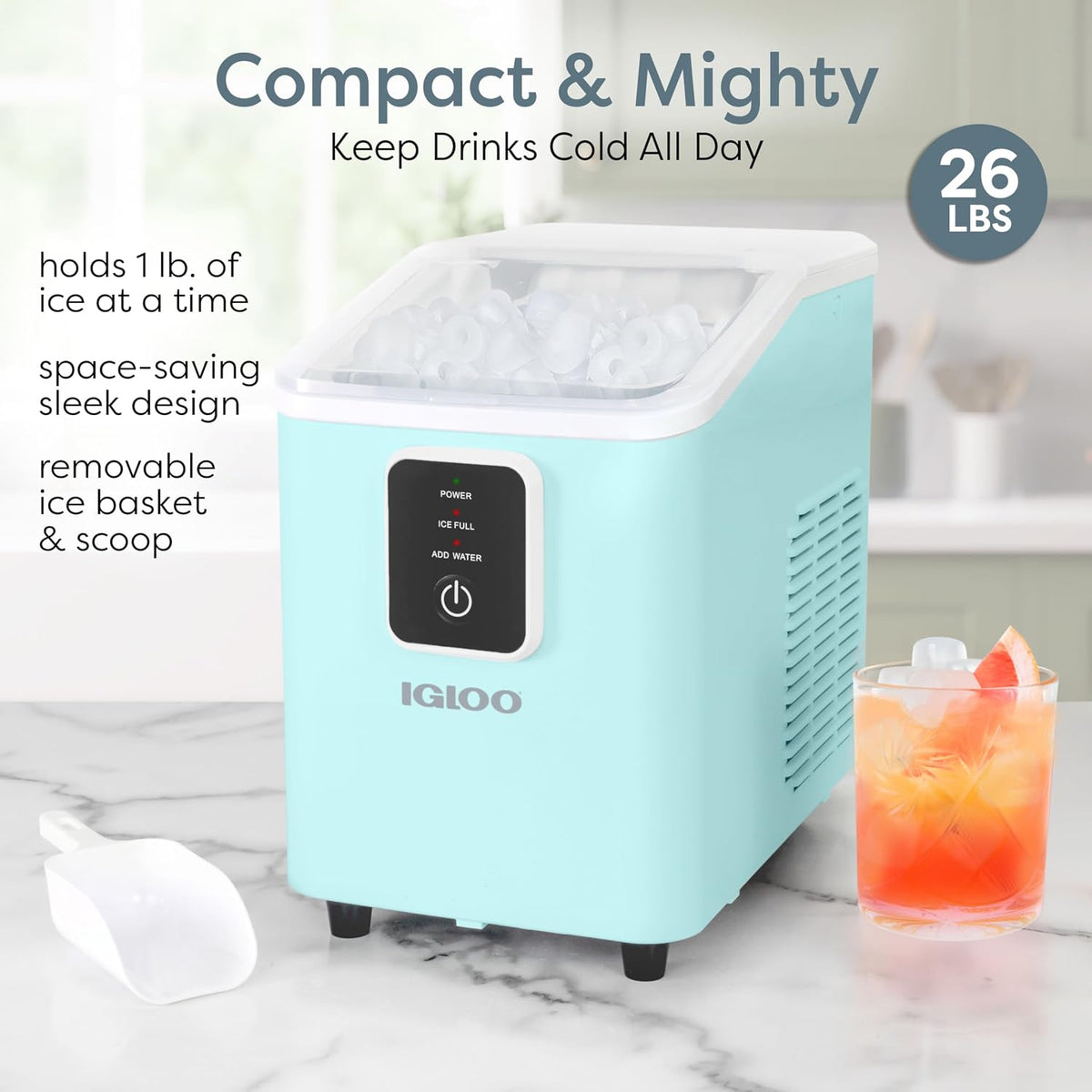 Igloo Ice Maker Countertop, Portable Ice Maker with Handle, 26lbs, Black