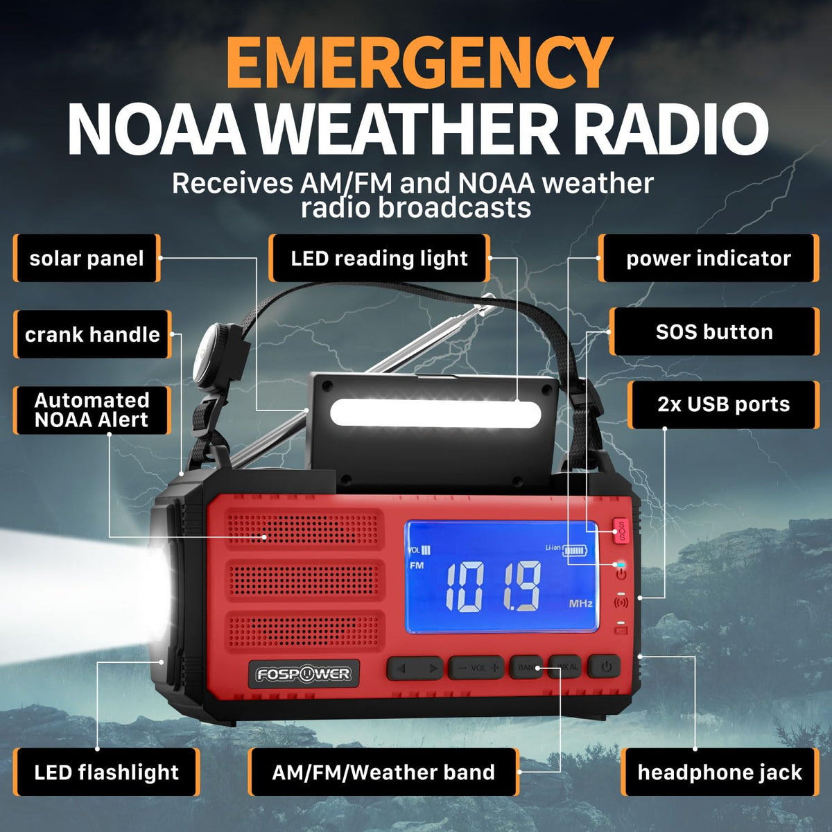 FosPower NOAA Emergency Weather Radio A1 7400mWh Solar Hand Crank (Orange)