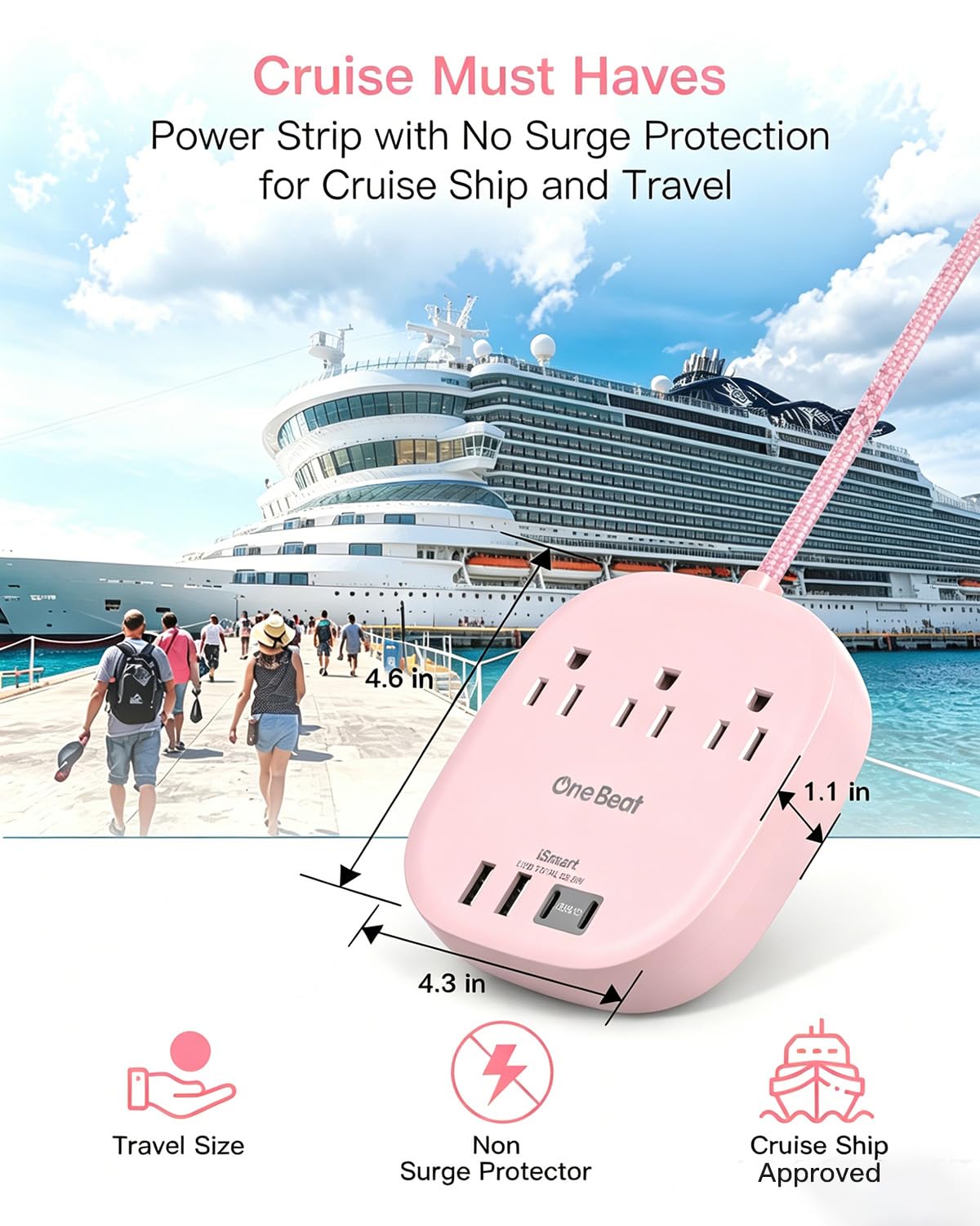 Travel Essentials, 22.5W/4.5A Flat Plug Power Strip, 6 Ft Extension Cord