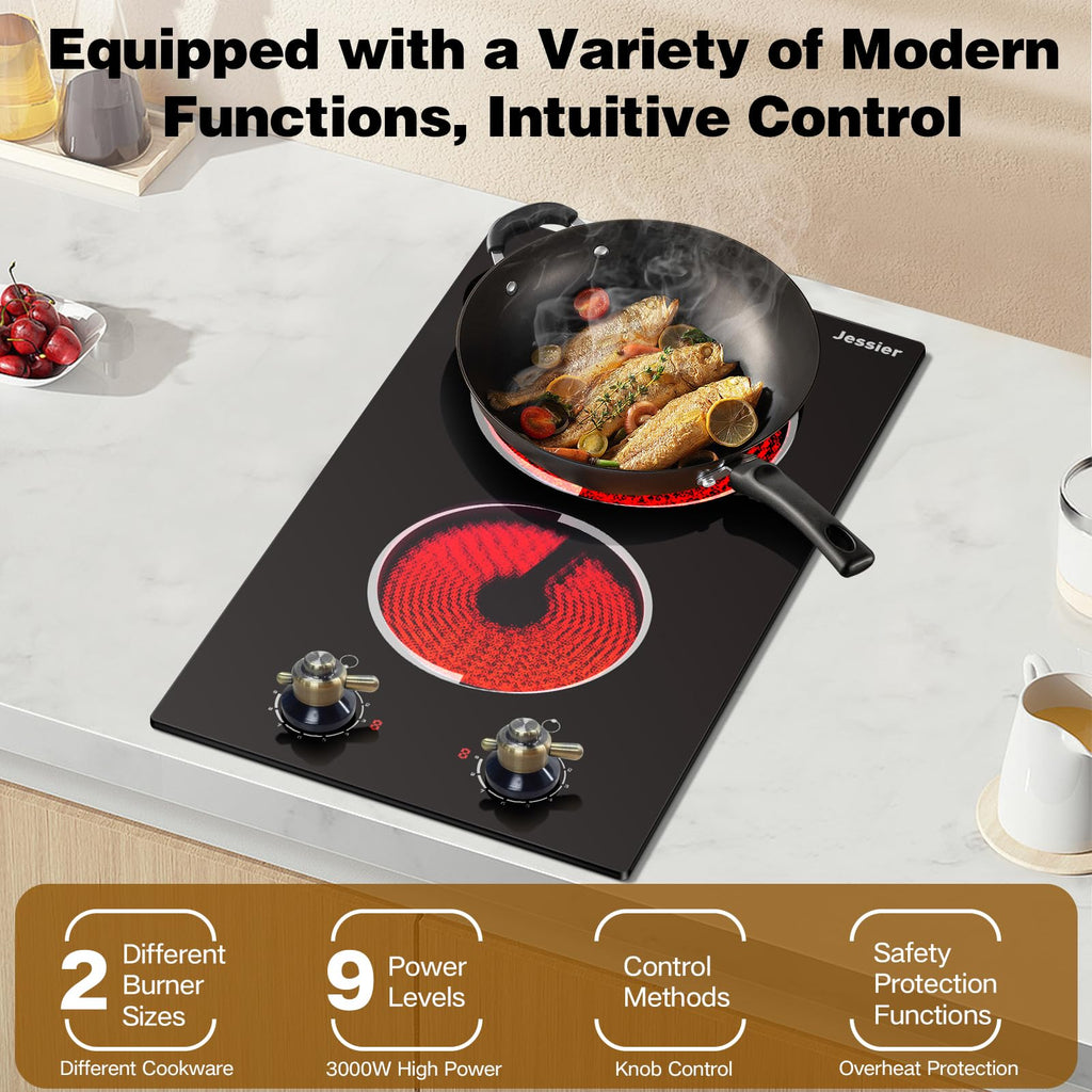 2 Burner Electric Cooktop 110V 2000W Countertop or Built-in