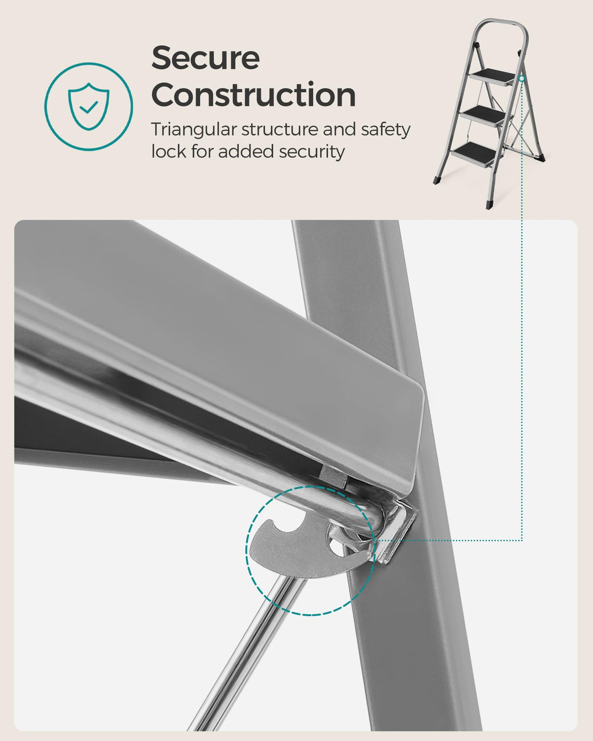 SONGMICS 3-Step Ladder, Folding Step Ladder, Safety, Holds up to 150KG