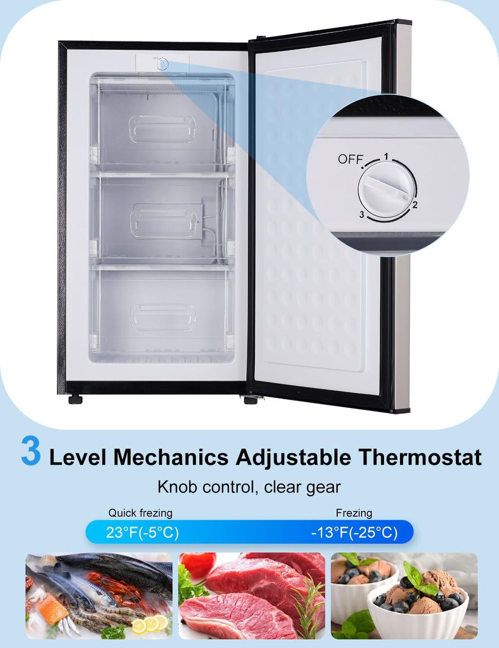 BODACIOUS 3.2 Cu.Ft Mini Freezer - Compact Upright Small Freezer - Silver