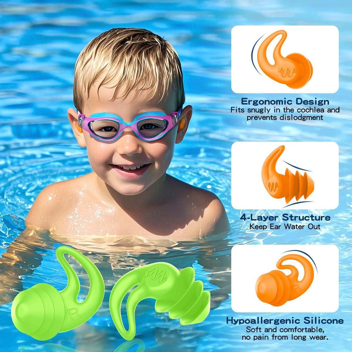 Swimming Ear Plugs for Kids,4 Pairs Reusable Silicone Ear Plugs Swimming
